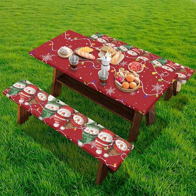 3 PCS Fitted Picnic Table Cover with Bench Cover Fitted Rectangle Tables and Seats Christmas Lights Snowmen Outdoor Picnic Table Cover for Camping
