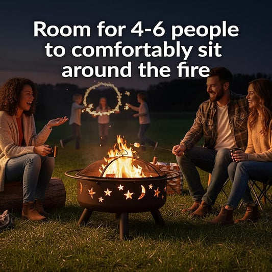 Sunnydaze Cosmic 30-Inch Outdoor Fire Pit with Grill Grate, Spark Screen, and Fireplace Poker - Round Steel Metal Wood-Burning Outside Firepit for Patio, Backyard, Porch, Deck - Bronze
