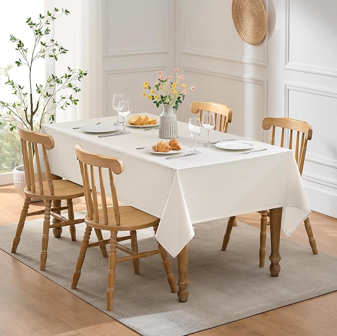 Decorelia Faux Linen Farmhouse Table Cloth 60"x144" for 10 ft Rectangle Table, Ivory Waterproof Outdoor Washable Cloth Tablecloth for Rectangular Dining Room Kitchen Outdoor Party Restaurant Table