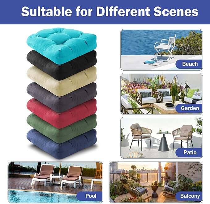 IPYNBAP Outdoor Chair Cushions Set of 2, Patio Chair Cushions with Ties, 17x17+4” Tufted Outdoor Seat Cushions, Waterproof Patio Furniture Cushions, Outdoor Dining Chair Pads, Teal