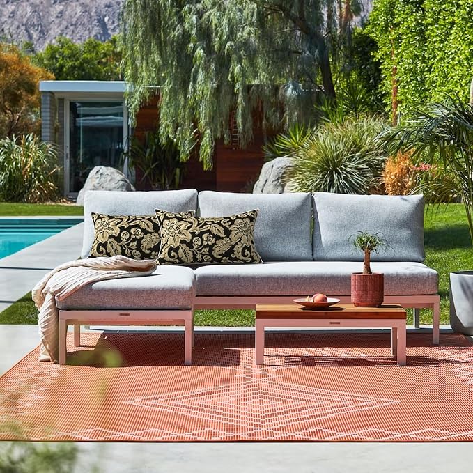 LVTXIII 2 Pack Outdoor Lumbar Pillow Covers 12x20 Inch with Piping, Water-Repellent Back Cushion Covers ONLY for Patio Furniture, Sofa, Garden Bench, Jacobean Black