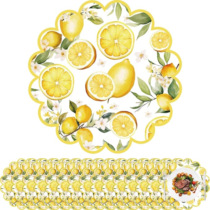 100 Pcs Lemon Paper Placemats Yellow Fruit Place Mats 13.5 Inch Disposable Round Decorative Dining Table Mats with Scalloped Edges Paper Cutouts for Spring Birthday Bridal Wedding Party Supplies