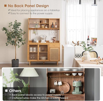 Giantex Pantry Cabinet, 69" Bamboo Hutch Cabinet with Storage, Drawer, Microwave Countertop, Glass Holder, Freestanding Buffet Sideboard with Rattan Door, Tall Cupboard for Kitchen Coffee Bar