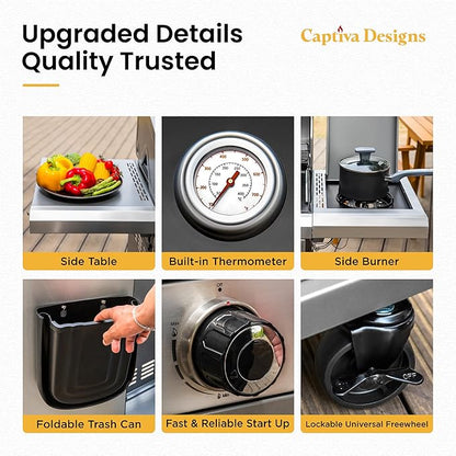 Captiva Designs 6-Burner Propane Gas BBQ Grill with Side Burner & Porcelain-Enameled Cast Iron Grate and Plate for Outdoor Barbucue Events, 52,000 BTU Output,740 SQ.IN. Cooking Area，Heavy Duty