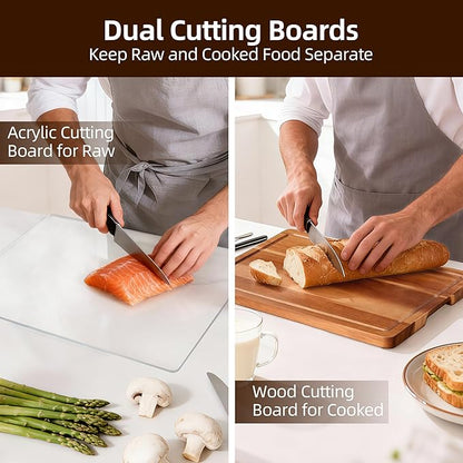 Cutting Board Set of 2 – Acacia Wood & Acrylic Cutting Board with Counter Lip for Kitchen, Wooden Chopping Board with Juice Grooves for Vegetables, Fruits, Meat