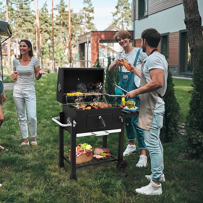 Charcoal Grill Barbecue Grills with Thermometer, Foldable Side Table and Wheels, Heavy-duty BBQ Grill for Garden Party Picnic Hiking Backyard Cooking, Easy to Assemble, Asadores de Carbon (Black)