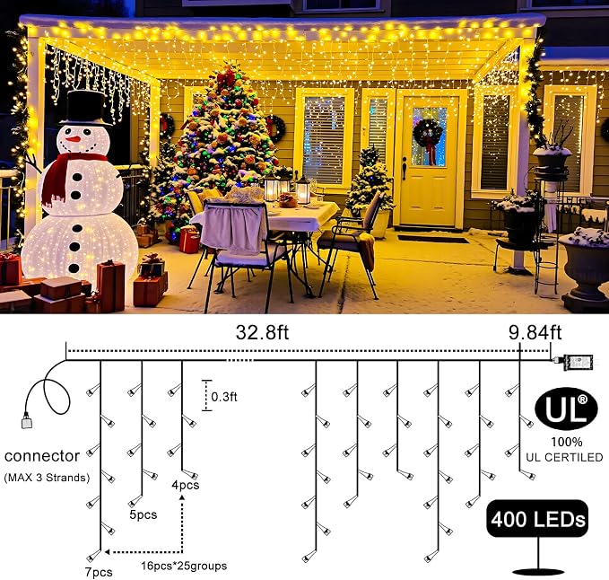 Icicle Lights for Outside 33FT 400 LED Warm White Christmas Lights | Connectable Plug in Icicle Christmas Lights Outdoor Waterproof 8 Modes for House Indoor Party Wedding Decoration