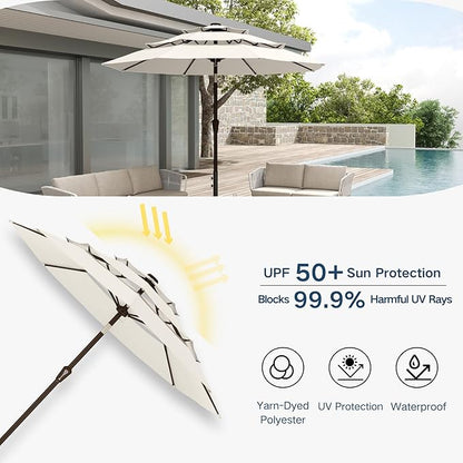 10FT Patio Umbrella 3 Tiers Outdoor Market Umbrella w/Push Button Tilt, Crank, UV and Waterproof Table Umbrella for Garden, Pool, Backyard, Deck, Lawn, Creamy White