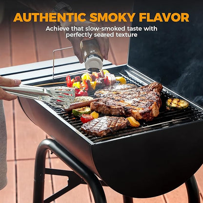 MASTER COOK Barrel Style Charcoal Grill with Side Table, Adjustable Charcoal Tray, Air Vent and Warming Rack, Smoke bbq Grill for Outdoor Patio Backyard and Camping