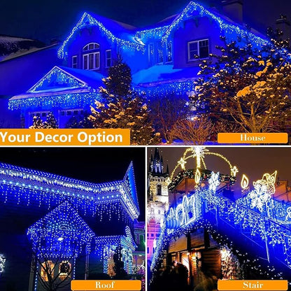 Joomer 66FT Christmas Icicle Lights Outdoor Non-Connectable Blue | 100 Drops 8 Modes Timer Waterproof Plug-in String Light for Christmas Party, holiday Eaves Roof Xmas Decorations
