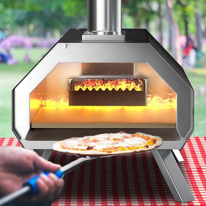 COSTWAY Outdoor Pizza Oven, with 12” Pizza Stone, Wood Fired Pizza Maker with Foldable Legs & Built-in Thermometer, Stainless Steel Wood Pellet Pizza Grill for Camping, Backyard, Picnic, Party, Black