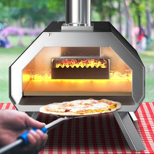 COSTWAY Outdoor Pizza Oven, with 12” Pizza Stone, Wood Fired Pizza Maker with Foldable Legs & Built-in Thermometer, Stainless Steel Wood Pellet Pizza Grill for Camping, Backyard, Picnic, Party, Black