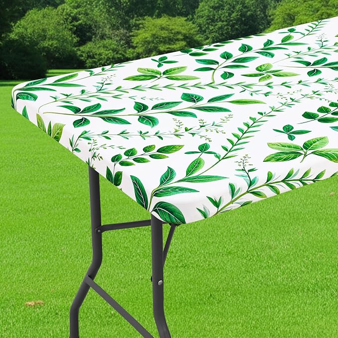 Smiry Spandex Fitted Tablecloth for 6 Foot Rectangle Tables, Washable Picnic Table Cover with Elastic, Stretch Reusable Table Cloth for Outdoor, Camping, Dining & Kitchen (Leaf, 30"x72")