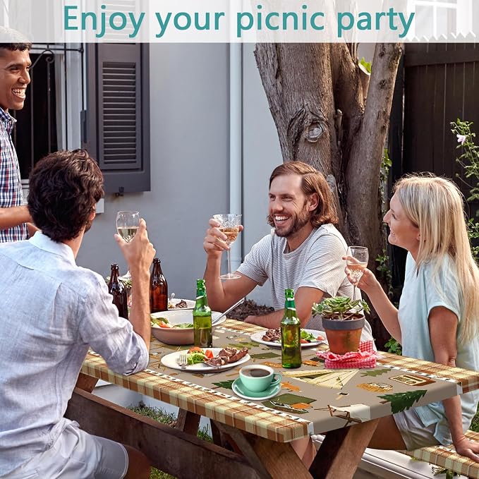 Fitted Picnic Table Cover with Bench Covers & Drawstring Bag, Camping Theme Waterproof Windproof Tablecloth, Elastic Edges Rectangle Table Cover for Outdoor Garden, 3PCS 30x96 Inch