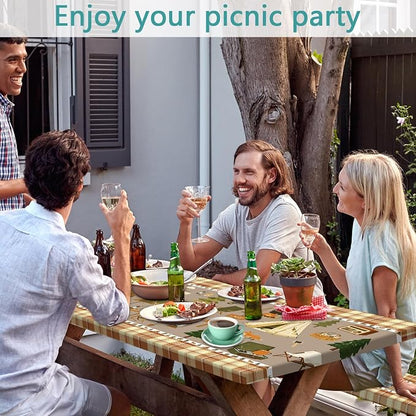 Fitted Picnic Table Cover with Bench Covers & Drawstring Bag, Camping Theme Waterproof Windproof Tablecloth, Elastic Edges Rectangle Table Cover for Outdoor Garden, 3PCS 30x96 Inch