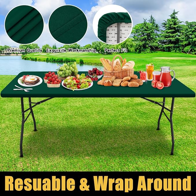 Smiry Rectangle Picnic Table Cloth, Waterproof Elastic Fitted Tablecloths for 4 Foot Tables, Washable Polyester Table Cover for Camping, Indoor and Outdoor (Dark Green, 30"x48")