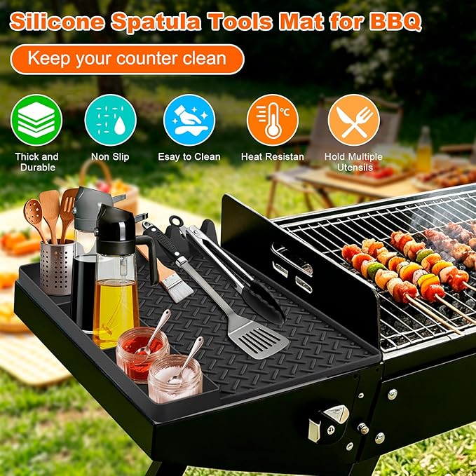 Silicone Griddle Tools Mat for Blackstone, Silicone Grill Mat with Drip Pad, Side Shelf Mats Grill Pad Spatula Mats for Outdoor Grill Kitchen Countertop, BBQ Accessories Gifts for Men (Black)