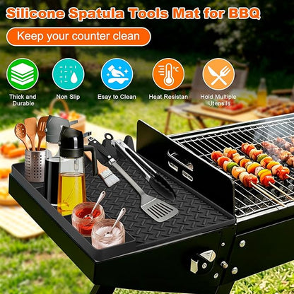 Silicone Griddle Tools Mat for Blackstone, Silicone Grill Mat with Drip Pad, Side Shelf Mats Grill Pad Spatula Mats for Outdoor Grill Kitchen Countertop, BBQ Accessories Gifts for Men (Black)