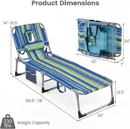 Goplus Tanning Chair, Folding Beach Lounge Chair with Face &Arm Hole, 4-Position Adjustable,Removable Pillow,Side Pocket, Sunbathing Chair, Portable Outdoor Lounge Chair for Patio Pool Lawn