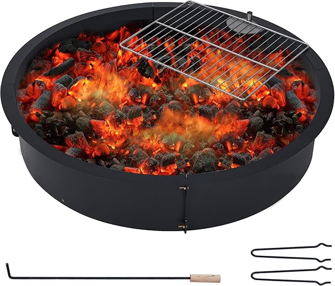 32" Outdoors Camping Firepit Ring, Wood Burning Fire Pits, Round Heavy Duty Firepits Ring with Tongs for Outdoor Park, Backyard
