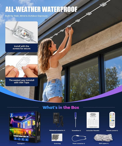 Permanent Outdoor Lights 100FT, RGB+IC Smart Outdoor Lights for House, App & Voice Control, Waterproof Outdoor Eave Lights for Christmas Holiday Patio Yard Decor