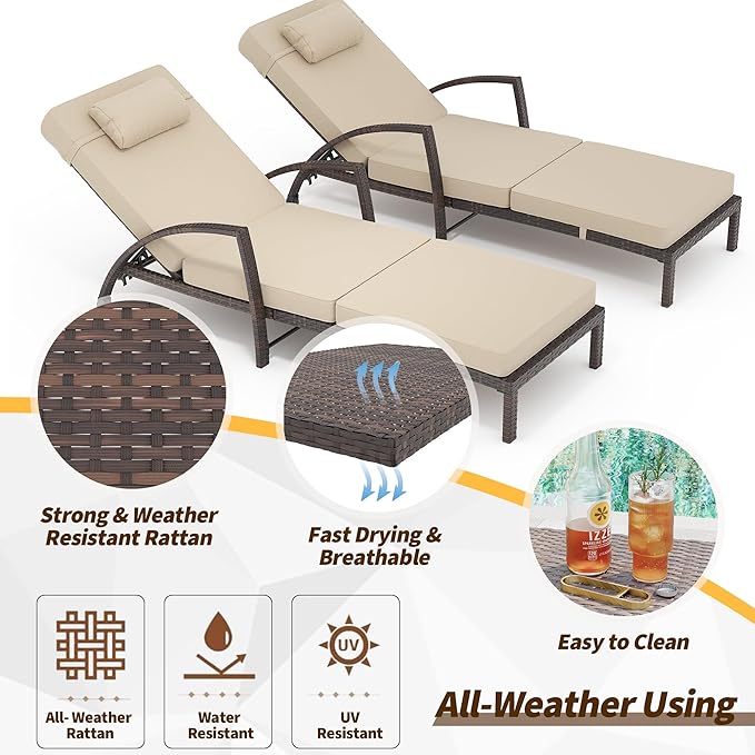 Set of 2 Chaise Lounge Chairs Outdoor, PE Rattan Wicker Poolside Recliners with 5-Position Adjustable Backrest, Blue Cushions, Armrests and Wheels, Patio and Garden Furniture for Beach and Backyard, B