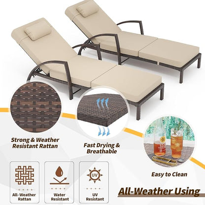 GarveeLife 2-Piece Rattan Patio Folding Chaise Lounge, 5-Position Adjustable Backrest Outdoor Lounge Chair with Cushion and Pillow for Poolside, Backyard, Deck, Porch, Beige