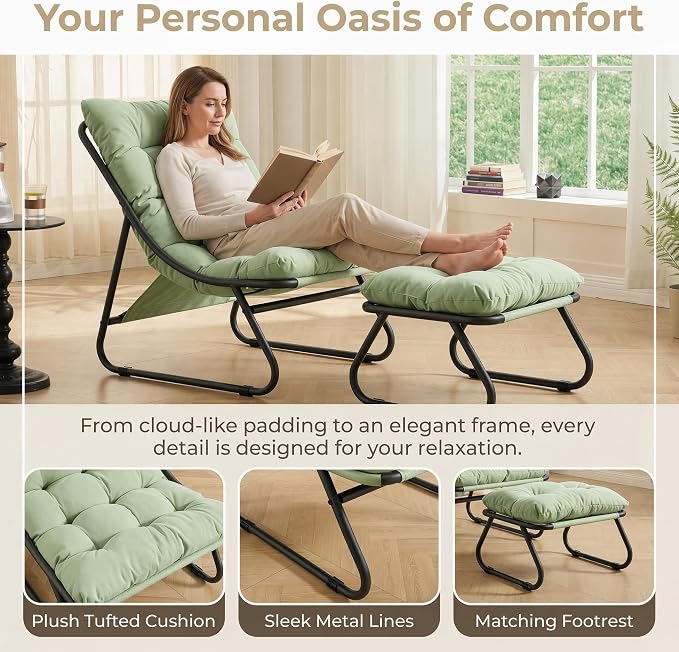 Rocking Chair with Ottoman, Modern Metal Frame Outdoor Rocker, Comfy Patio Lounge Chair with Footrest, Reading Glider Chairs for Living Room, Bedroom, Balcony, Garden, Relax, Light Green