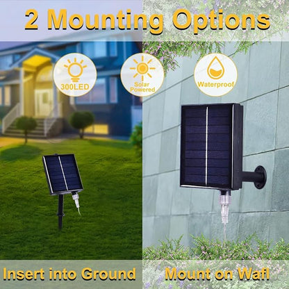 300LED Solar Curtain Lights USB & Solar Dual Powered 8 Modes Fairy Curtain String Lights Waterproof Twinkle Lights for Home Indoor Outdoor Use Garden Patio Gazebo (Warm White)