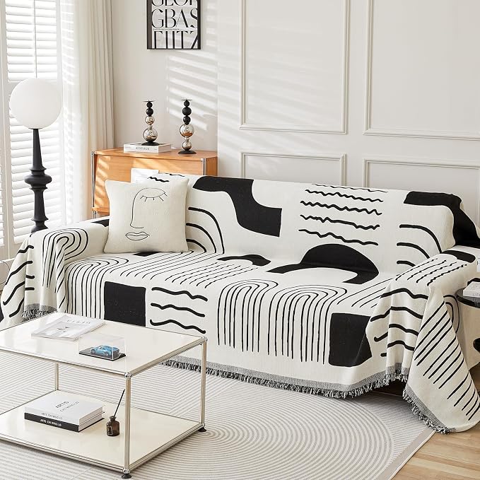 WEYOND Chenille Couch Cover Tassels, Sofa Cover Washable, 71" x 134", Black | Boho Sofa Slipcover for 3 Cushion Couch, L-Shaped Sectional, Loveseat, 2/3/4 Seater