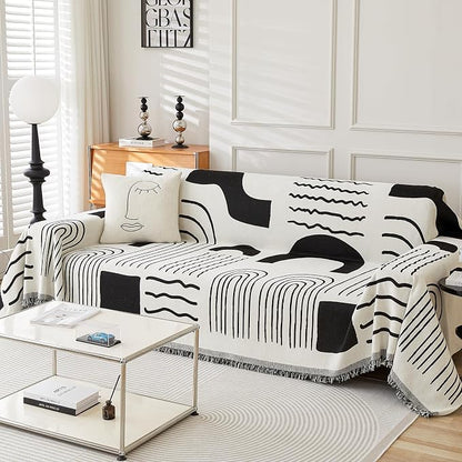 WEYOND Chenille Couch Cover Tassels, Sofa Cover Washable, 71" x 134", Black | Boho Sofa Slipcover for 3 Cushion Couch, L-Shaped Sectional, Loveseat, 2/3/4 Seater