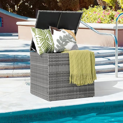 Patiorama 88 Gallon Wicker Deck Box, Indoor/Outdoor Storage Box for Patio Cushions and Gardening Tools - Resin Rattan Patio Cushion Storage Bin, Grey