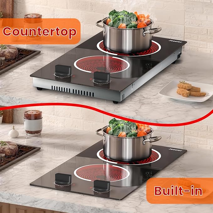2 Burner Electric Cooktop 110V 2000W Countertop or Built-in | 12 Inch Plug in Two Burner Electric Stove, Hot Plate Ceramic Stovetop, Knob Control, 9 Power Levels and Overheat Protection