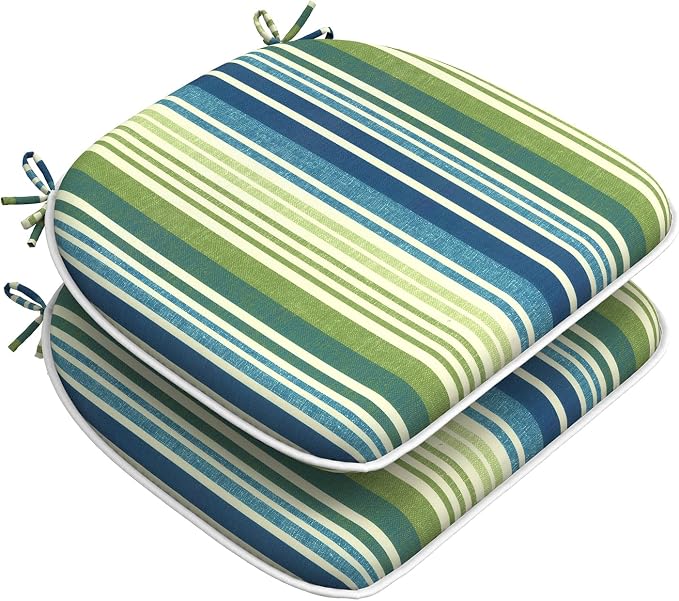DYTXIII Set of 2 Outdoor Chair Cushions with Ties,Water Repellent Patio Chair Pads 17"x 16" for Outdoor Furniture,Round Corner Seat Cushions for Garden Yard Kitchen Stripe Blue Green