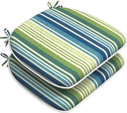 DYTXIII Set of 2 Outdoor Chair Cushions with Ties,Water Repellent Patio Chair Pads 17"x 16" for Outdoor Furniture,Round Corner Seat Cushions for Garden Yard Kitchen Stripe Blue Green