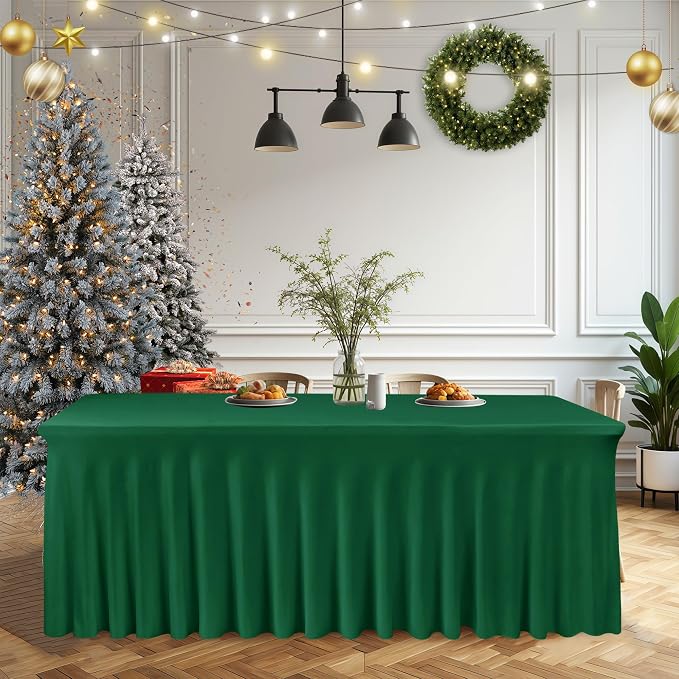 2 Pack Spandex Table Skirts 6ft,Hunter Green for Christmas Decor | Ruffle Design, Elastic Table Covers, Holiday Essentials, Table Cloths For 6 Foot Rectangle Table,Wrinkle Resistant