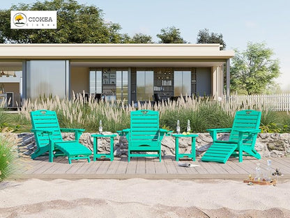 Ciokea Folding Adirondack Chair Set of 2 with Retractable Ottoman Fire Pit Patio Chair with Pull Out Foot Rest Weather Resistant Lawn Outdoor Chair with 2 Cup Holder (Lake Blue)