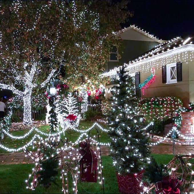 JMEXSUSS 300 LED White Christmas Tree Lights Plug in | 8 Modes, Outdoor Indoor Use, Waterproof, Green Wire Christmas String Lights for Tree Yard Patio Garden Christmas Decorations