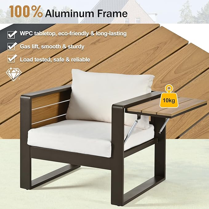 4-Piece Patio Conversation Set, Aluminum Frame Outdoor Patio Furniture Set w/ 3-Seater Sofa, 2 Armchairs with Fold-Out Side Tables, Coffee Table, All-Weather Sectional Sofa Set for Garden Backyard