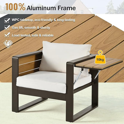 4-Piece Patio Conversation Set, Aluminum Frame Outdoor Patio Furniture Set w/ 3-Seater Sofa, 2 Armchairs with Fold-Out Side Tables, Coffee Table, All-Weather Sectional Sofa Set for Garden Backyard