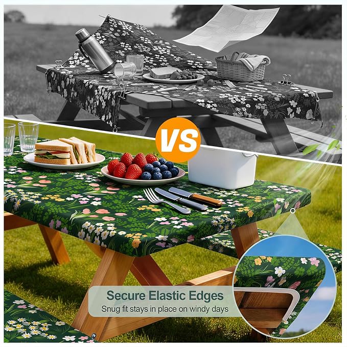Picnic Table Cover Bench Covers Camping Essentials Tablecloth | Waterproof Vinyl for Outdoor, Windproof Elastic Fitted Edges, RV BBQ Accessories Must Haves, Storage Bag Included