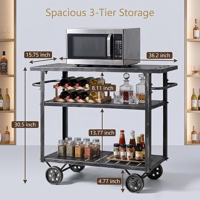 Industrial 3 Tier Mobile Bar Cart Rustic Metal Serving Cart with Wheels and Side Handles Vintage Rolling Kitchen Stand Cart-LxWxH: 36.2 * 15.75 * 30.5inch