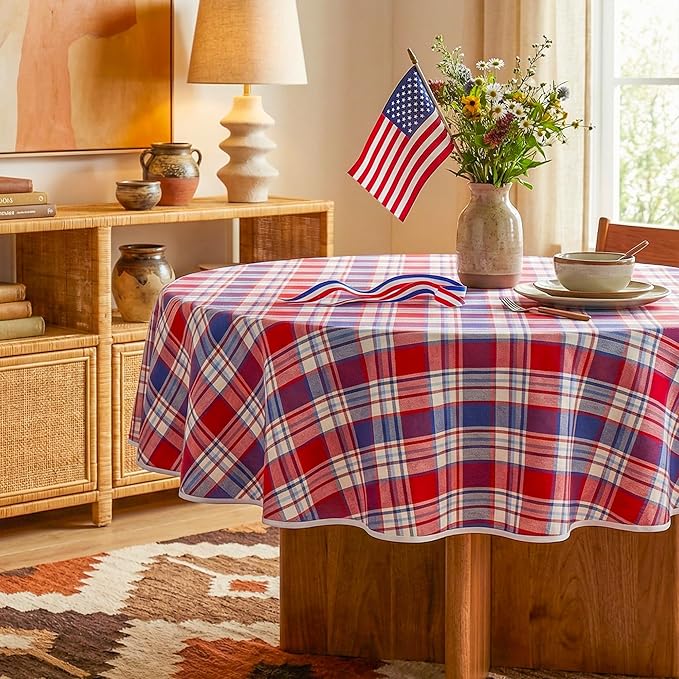 4th of July Red White and Blue Plaid Tablecloth – Waterproof Patriotic Independence Day Table Cover for BBQ, Picnic, Party, Farmhouse Kitchen & Outdoor Decor, 60" Round