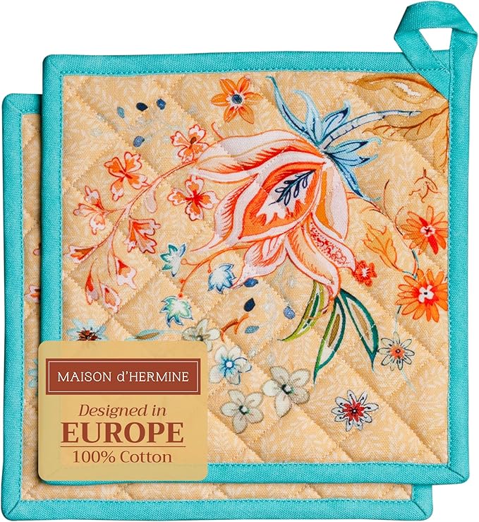 Maison d' Hermine Pot Holders 100% Cotton Heat Resistant Potholders 8" x 8" Hot Pads with Loop Cooking Baking Hotel Farmhouse Kitchen Handling Hot Pans Spring Summer (Pack of 2, Luxury Loft - Peach)