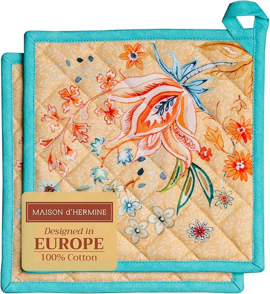 Maison d' Hermine Pot Holders 100% Cotton Heat Resistant Potholders 8" x 8" Hot Pads with Loop Cooking Baking Hotel Farmhouse Kitchen Handling Hot Pans Spring Summer (Pack of 2, Luxury Loft - Peach)