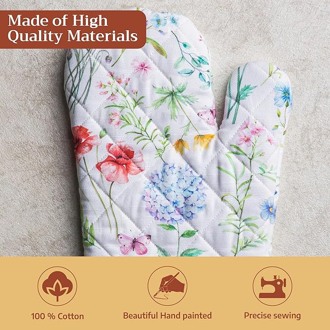 Maison d'Hermine Oven Gloves 100% Cotton Oven Mitt 7" x 13" with Loop Heat Resistant BBQ Cooking Gloves Baking Grilling Kitchen Hotel Home Farmhouse Spring Summer (Pack of 1, Just Floral)