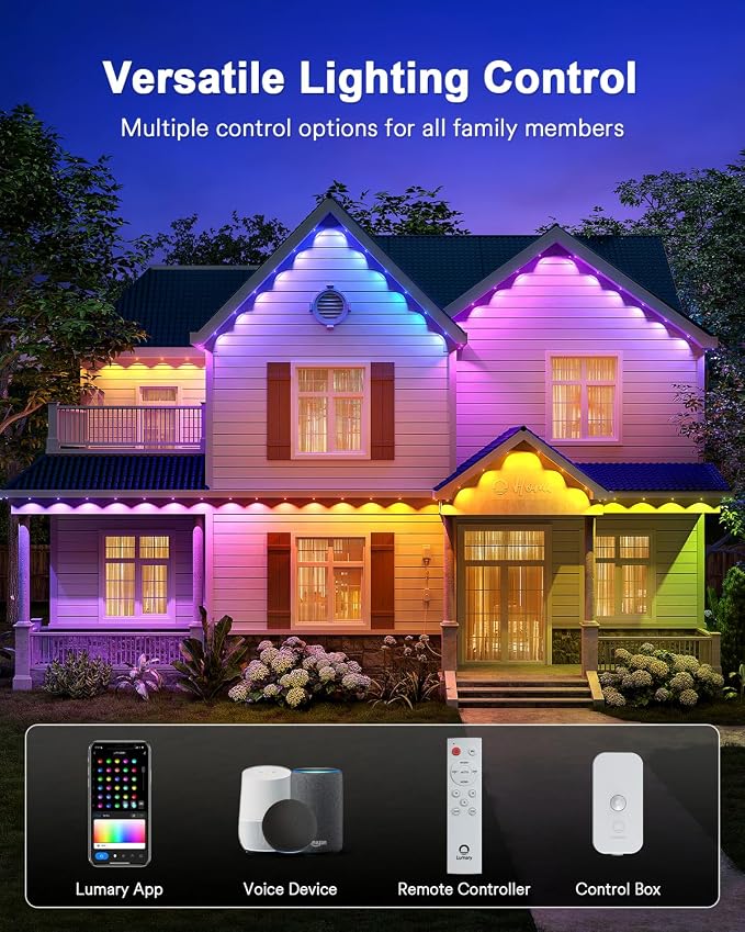 Lumary Permanent Outdoor Lights Max 158FT with 120 LED Eave Lights RGBAICW | 7200LM, IP67 Waterproof, Patio & Backyard Lighting, Pool Parties, DIY Scene Modes, Works with Alexa & Google Assistant