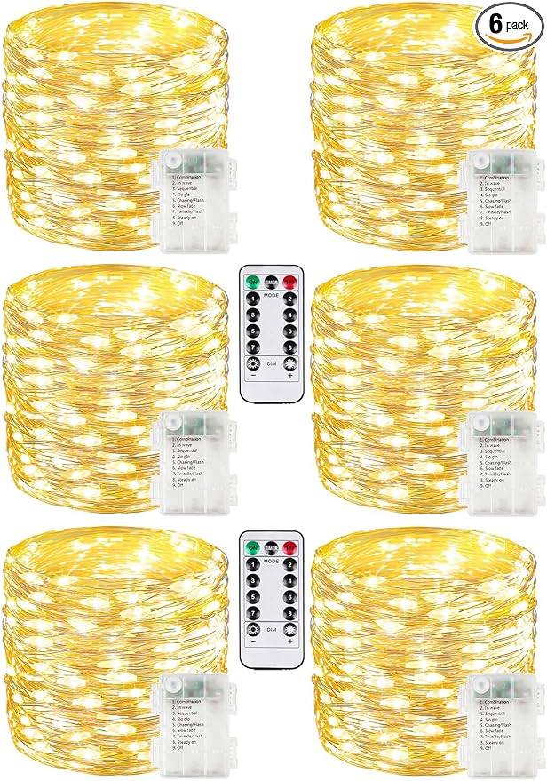 6 Pack 100 LED Fairy Lights Battery Operated with Remote, 33 FT Warm White | Cuttable, 8 Modes, Memory, Dimmable, Waterproof Battery String Lights with Timer for Indoor Outdoor, Christmas Decorations