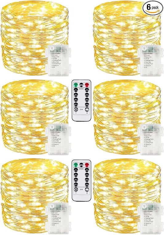 6 Pack 100 LED Fairy Lights Battery Operated with Remote, 33 FT Warm White | Cuttable, 8 Modes, Memory, Dimmable, Waterproof Battery String Lights with Timer for Indoor Outdoor, Christmas Decorations