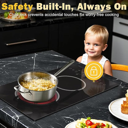 2 Burner Electric Cooktop, 12 Inch Electric Stove Top, 120V Double Burner Countertop Stove 2000W with Timer & 9-Level Adjustment, Sensor Touch Control, Child Lock, Built-in Radiant Cooktop Pladeca